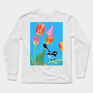 Abstract Blue Wren and Tulips Painting - on Blue Long Sleeve T-Shirt